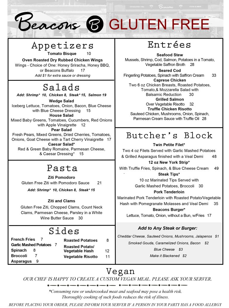 Beacons Restaurant Gluten Free Menu