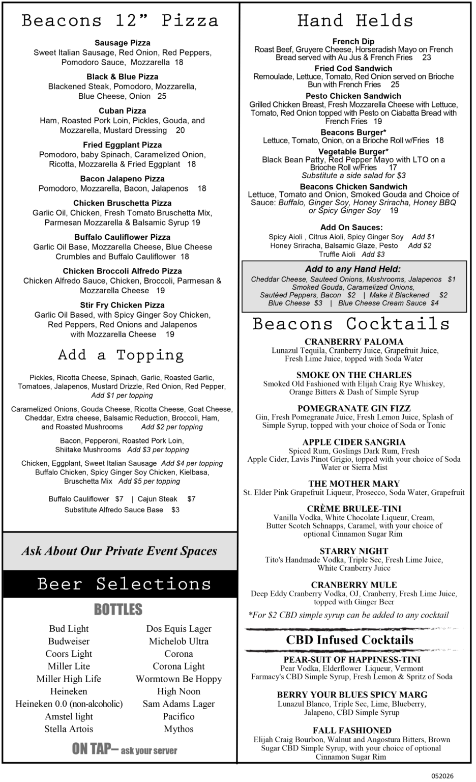 Beacons Dinner Menu
